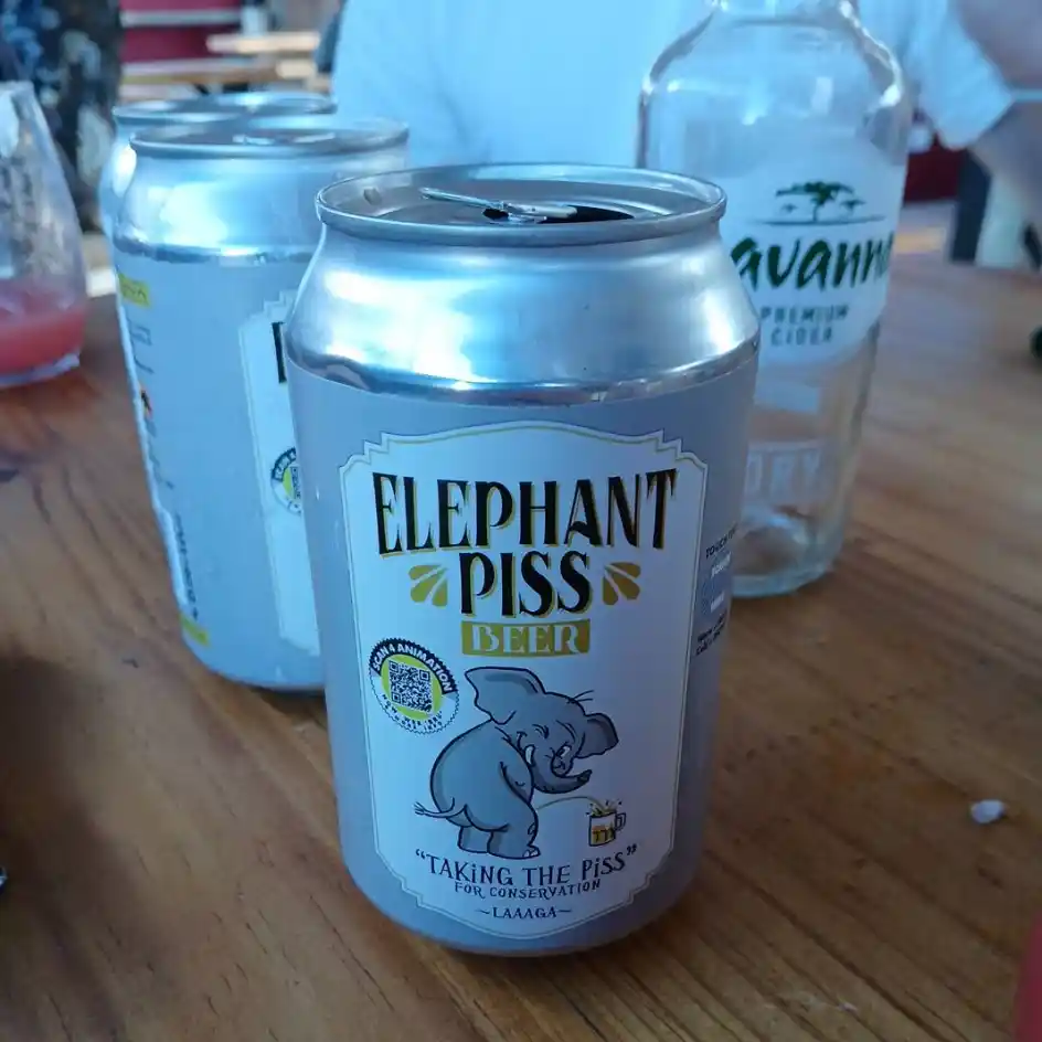 a can of beer that says Elephants Piss on it.